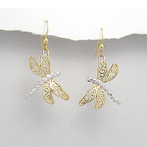 Two-tone Goldplated Sterling Silver Dragonfly Earrings